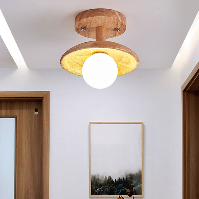 Traditional Japanese Wood Grain Glass Ball Shade 1-Light Semi-Flush Mount Ceiling Light For Living Room