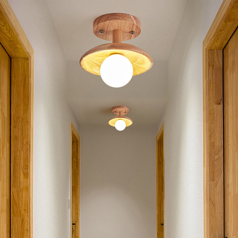Traditional Japanese Wood Grain Glass Ball Shade 1-Light Semi-Flush Mount Ceiling Light For Living Room