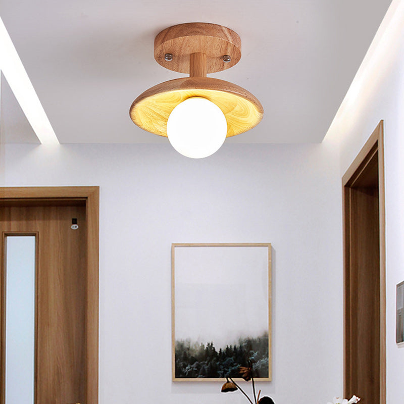 Traditional Japanese Wood Grain Glass Ball Shade 1-Light Semi-Flush Mount Ceiling Light For Living Room