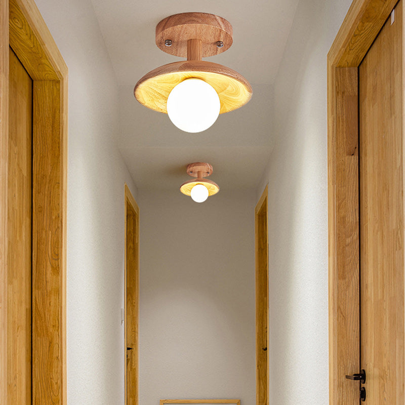 Traditional Japanese Wood Grain Glass Ball Shade 1-Light Semi-Flush Mount Ceiling Light For Living Room