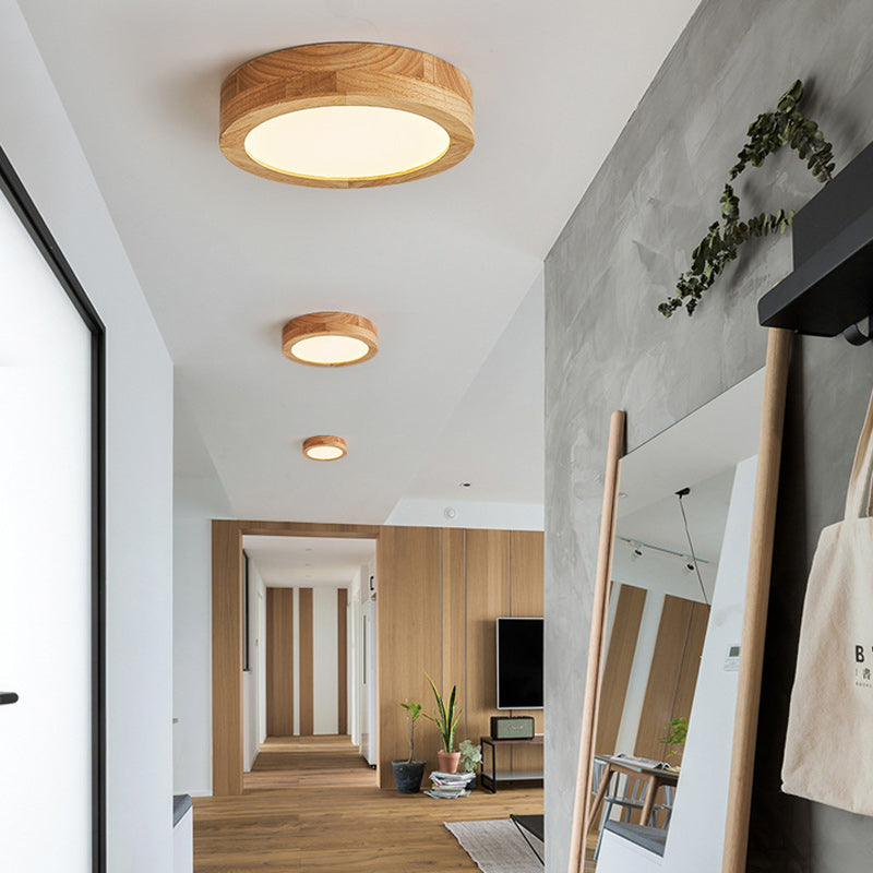 Traditional Vintage Wood Grain Cylinder Acrylic LED Flush Mount Ceiling Light For Living Room