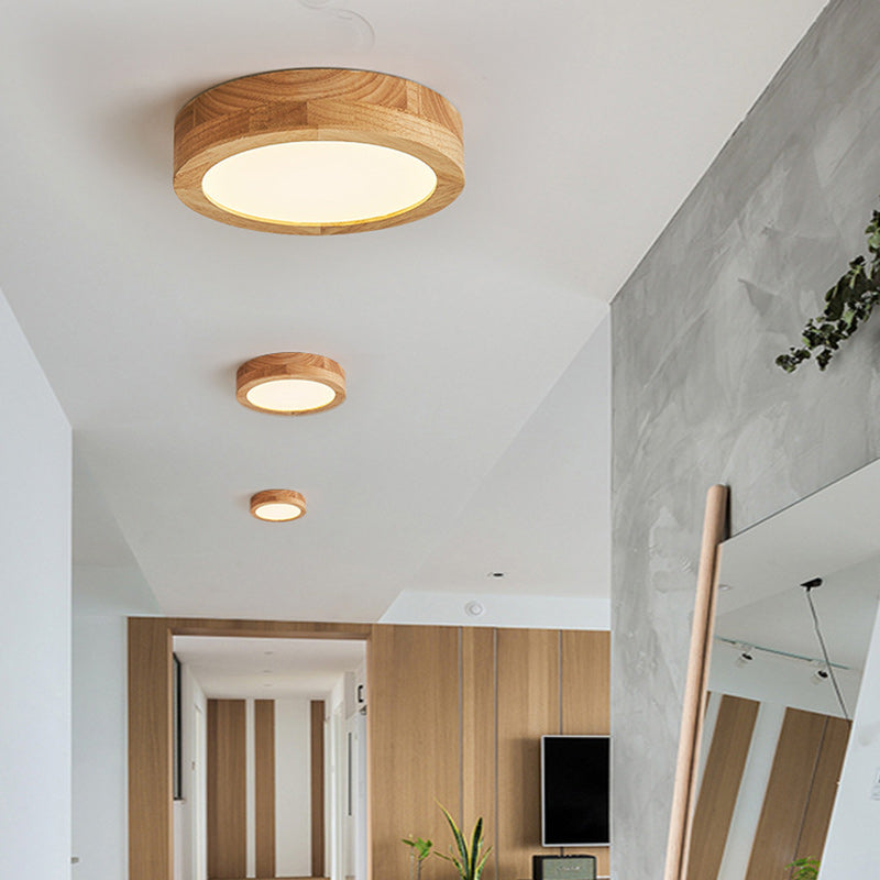 Traditional Vintage Wood Grain Cylinder Acrylic LED Flush Mount Ceiling Light For Living Room