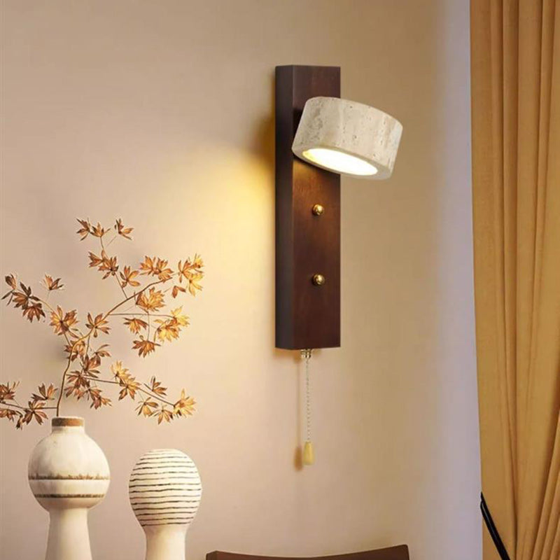 Traditional Vintage Solid Wood Travertine Circle Ring Shade LED Wall Sconce Lamp For Bedroom