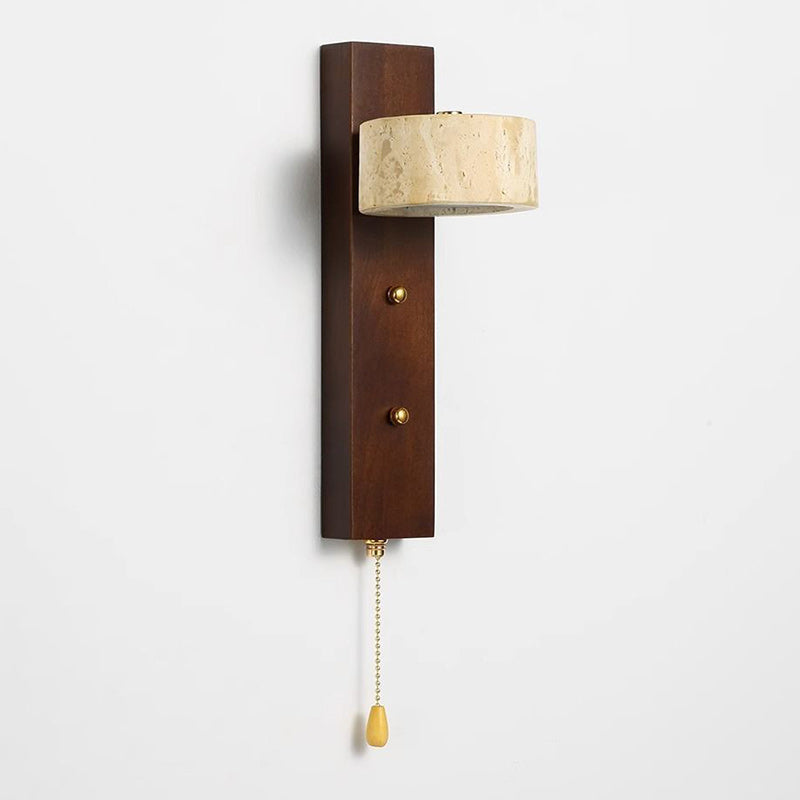 Traditional Vintage Solid Wood Travertine Circle Ring Shade LED Wall Sconce Lamp For Bedroom