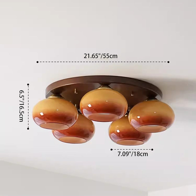 Traditional French Glass Persimmon Shade Iron 5-Light Semi-Flush Mount Ceiling Light For Living Room