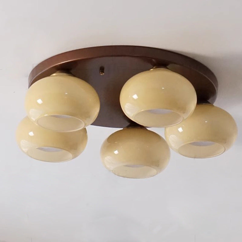 Traditional French Glass Persimmon Shade Iron 5-Light Semi-Flush Mount Ceiling Light For Living Room