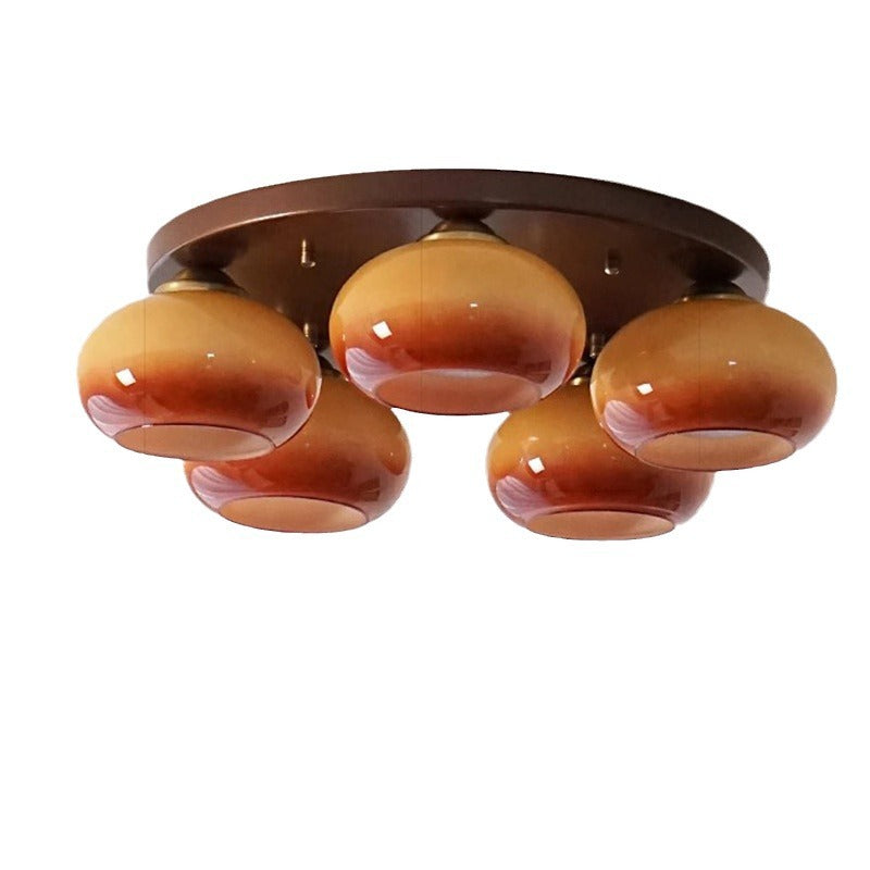 Traditional French Glass Persimmon Shade Iron 5-Light Semi-Flush Mount Ceiling Light For Living Room