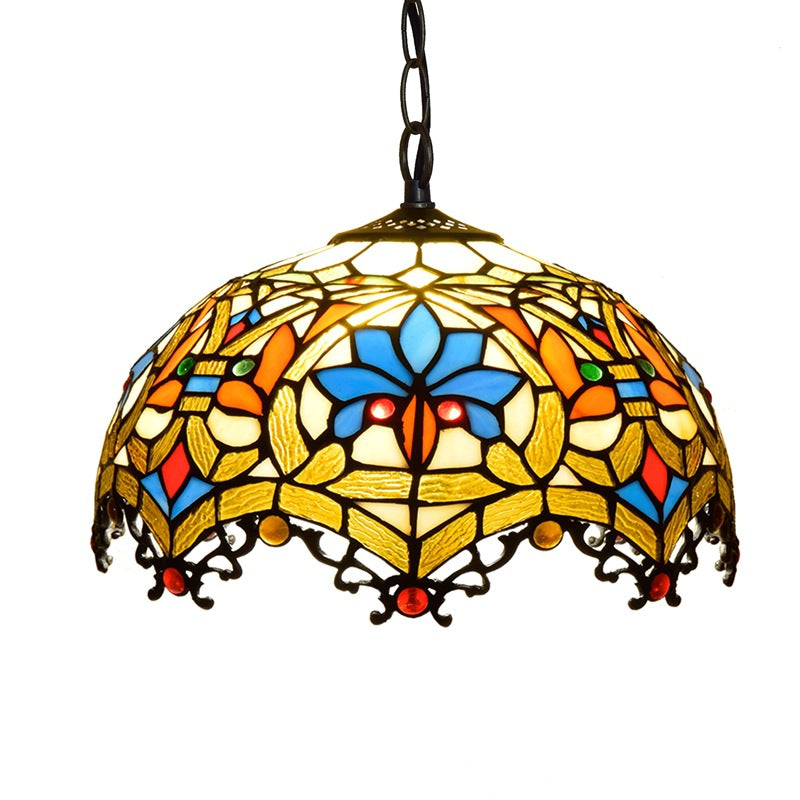 Traditional Tiffany Lotus Flower Stained Glass Dome 1-Light Pendant Light For Bedroom