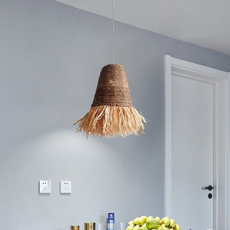 Traditional Farmhouse Braided Rope Lafite Grass Straw Hat Shade 1-Light Pendant Light For Dining Room