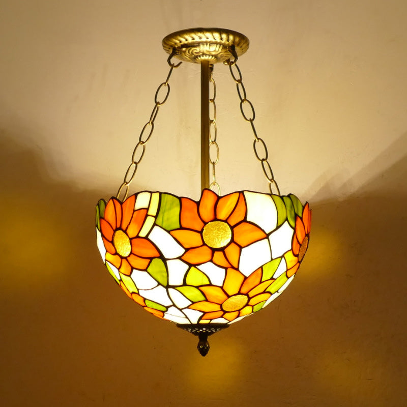 Traditional Tiffany Sunflower Stained Glass Dome Iron 1/2-Light Pendant Light For Dining Room