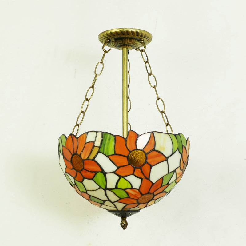 Traditional Tiffany Sunflower Stained Glass Dome Iron 1/2-Light Pendant Light For Dining Room