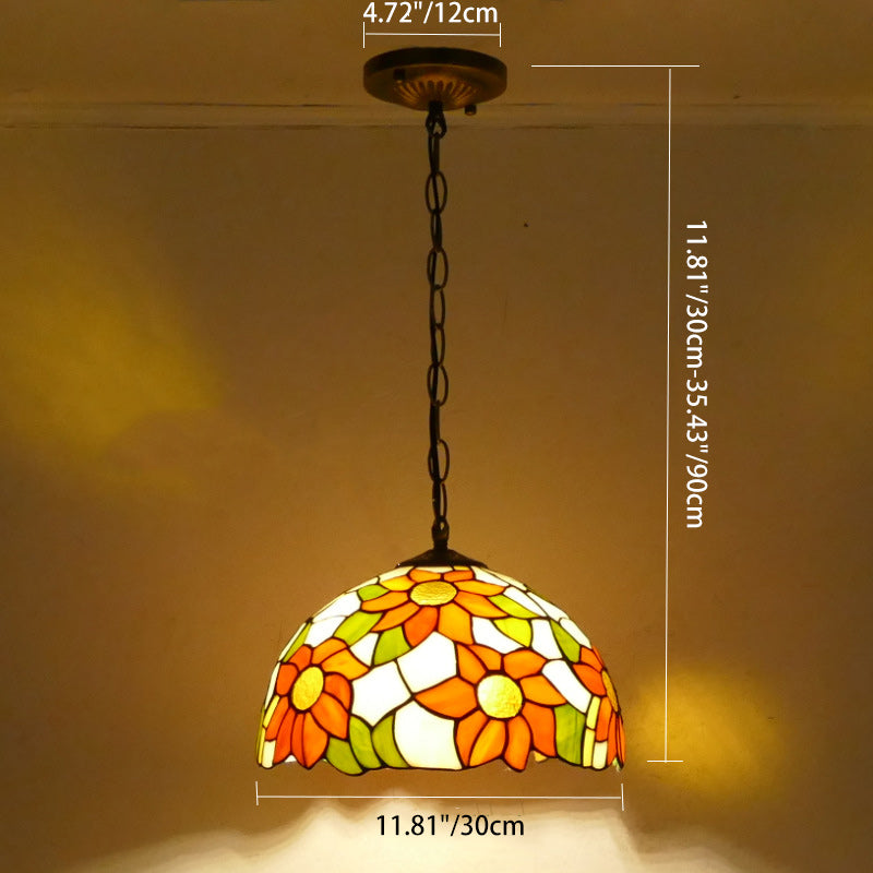 Traditional Tiffany Sunflower Stained Glass Dome Iron 1/2-Light Pendant Light For Dining Room