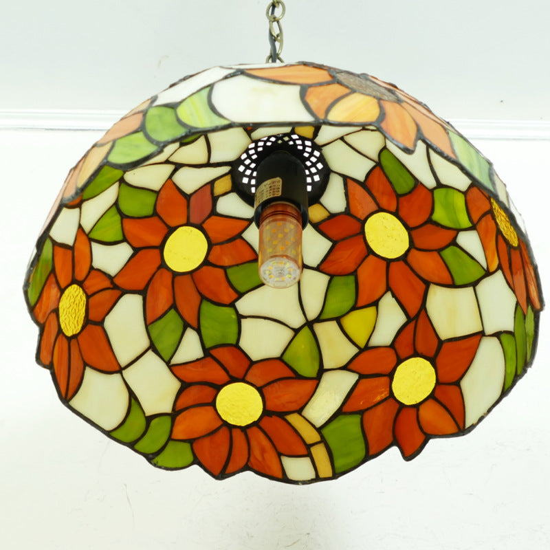 Traditional Tiffany Sunflower Stained Glass Dome Iron 1/2-Light Pendant Light For Dining Room