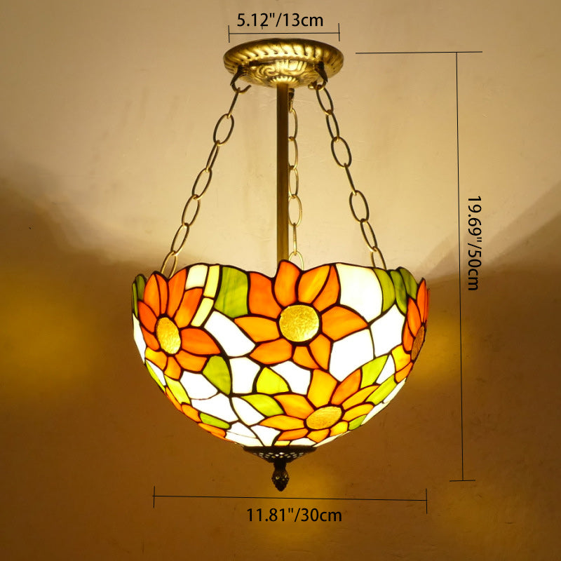 Traditional Tiffany Sunflower Stained Glass Dome Iron 1/2-Light Pendant Light For Dining Room