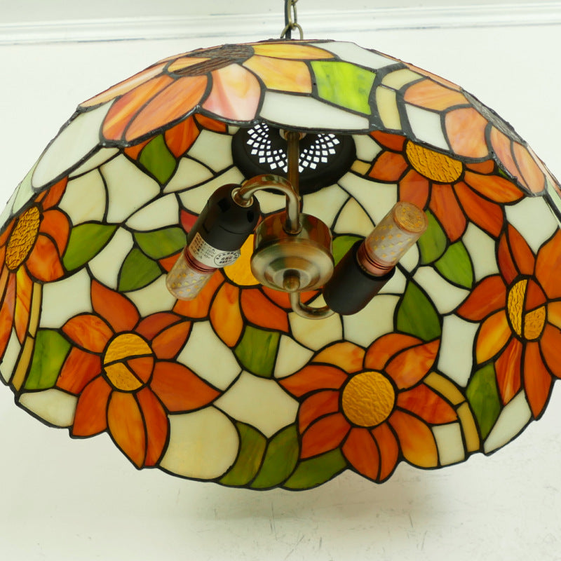 Traditional Tiffany Sunflower Stained Glass Dome Iron 1/2-Light Pendant Light For Dining Room