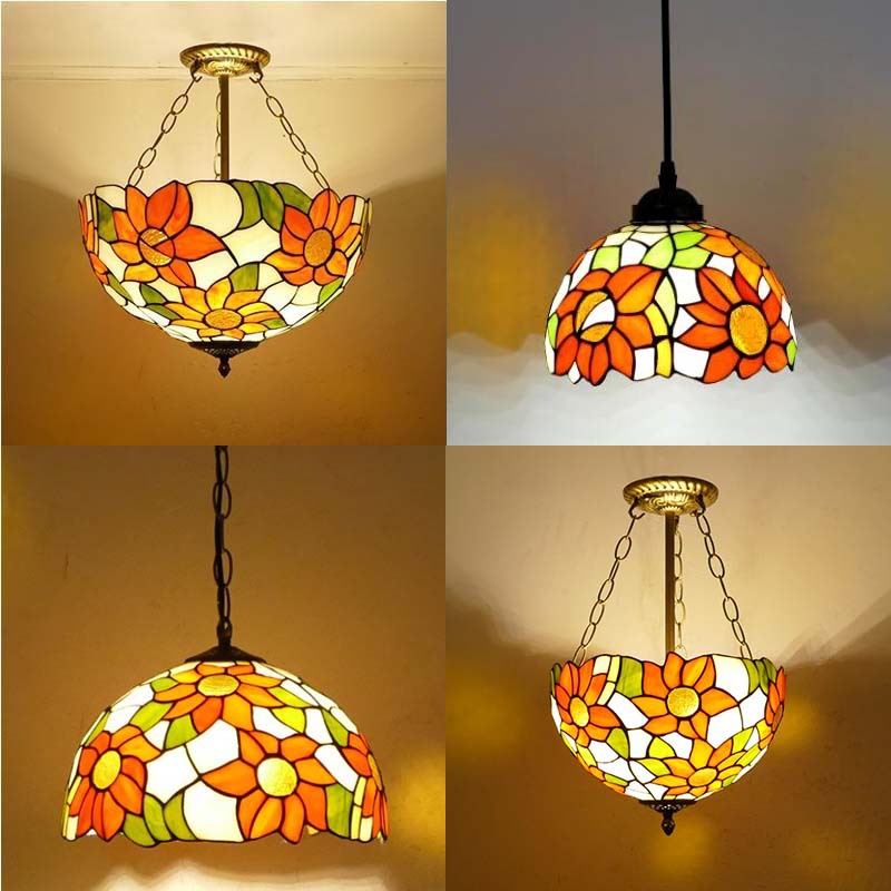 Traditional Tiffany Sunflower Stained Glass Dome Iron 1/2-Light Pendant Light For Dining Room