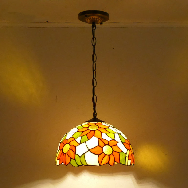 Traditional Tiffany Sunflower Stained Glass Dome Iron 1/2-Light Pendant Light For Dining Room