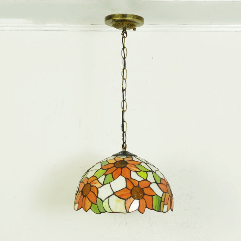 Traditional Tiffany Sunflower Stained Glass Dome Iron 1/2-Light Pendant Light For Dining Room