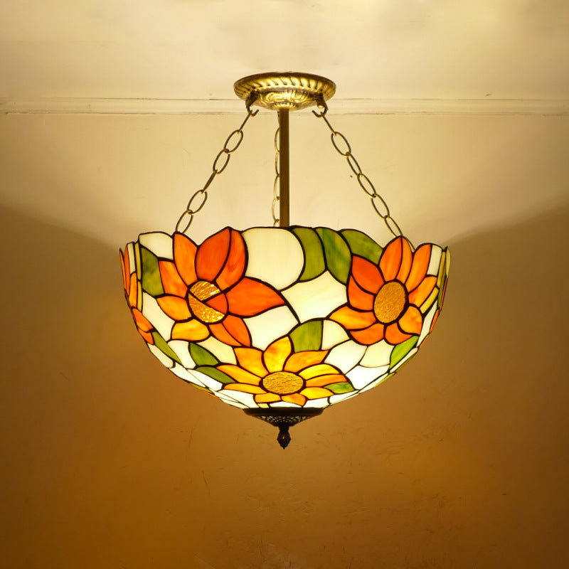 Traditional Tiffany Sunflower Stained Glass Dome Iron 1/2-Light Pendant Light For Dining Room