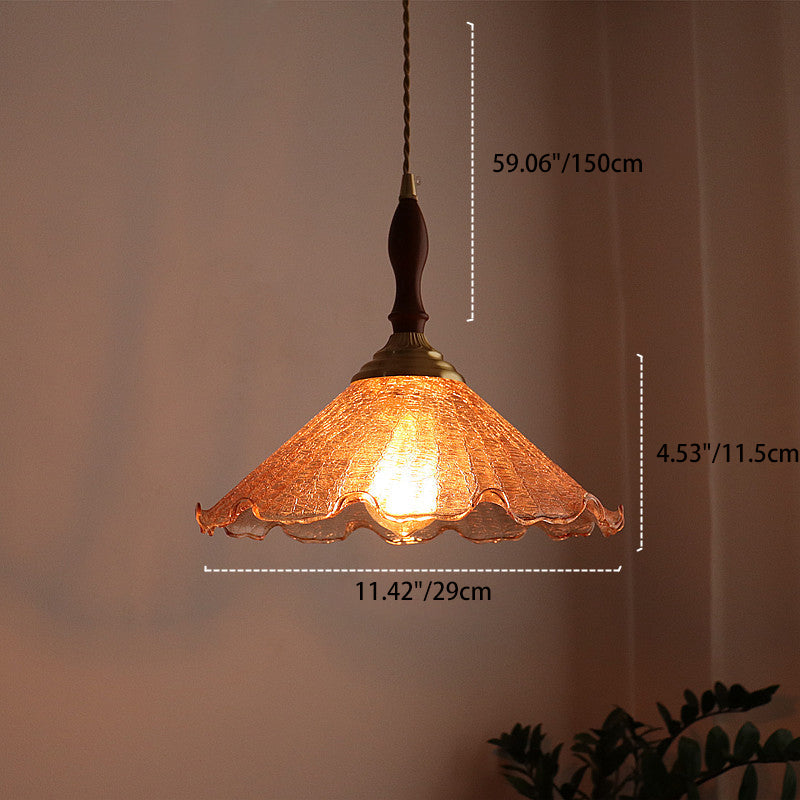 Traditional Vintage Brass Cracked Glass Flower Shade 1-Light Pendant Light For Dining Room