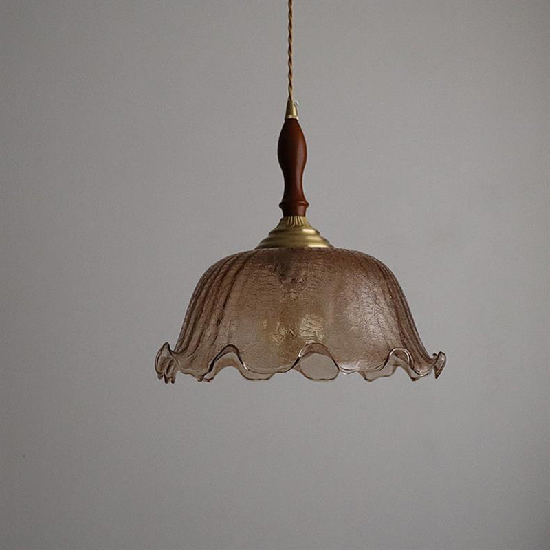 Traditional Vintage Brass Cracked Glass Flower Shade 1-Light Pendant Light For Dining Room