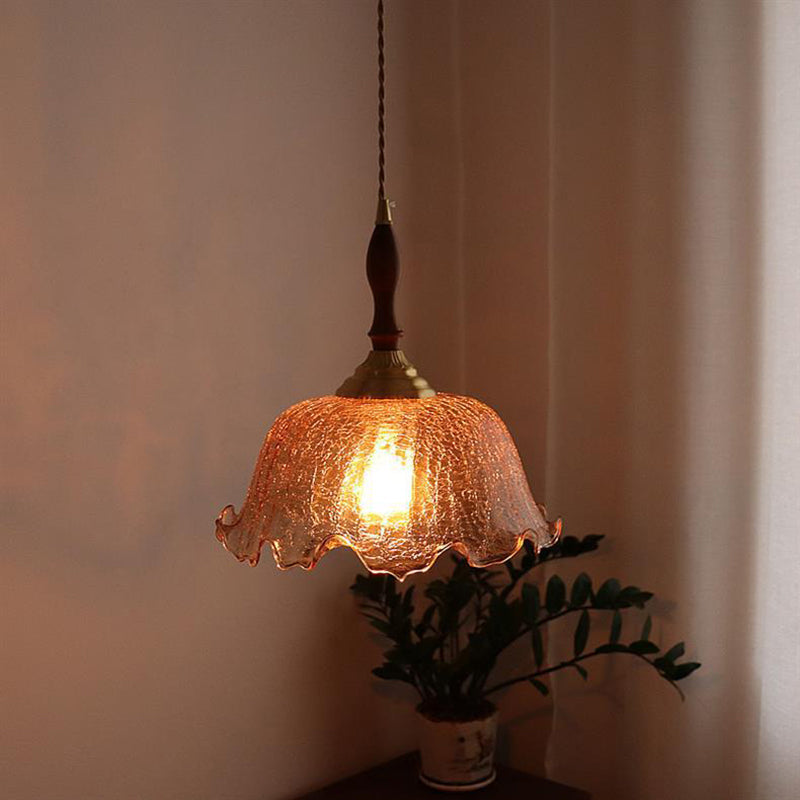 Traditional Vintage Brass Cracked Glass Flower Shade 1-Light Pendant Light For Dining Room