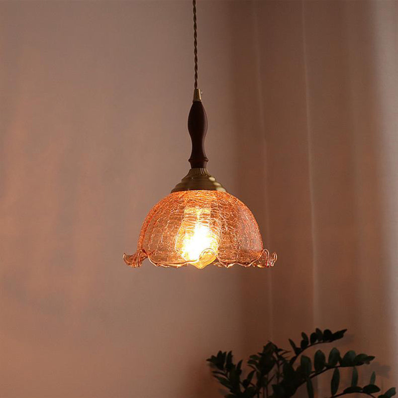 Traditional Vintage Brass Cracked Glass Flower Shade 1-Light Pendant Light For Dining Room