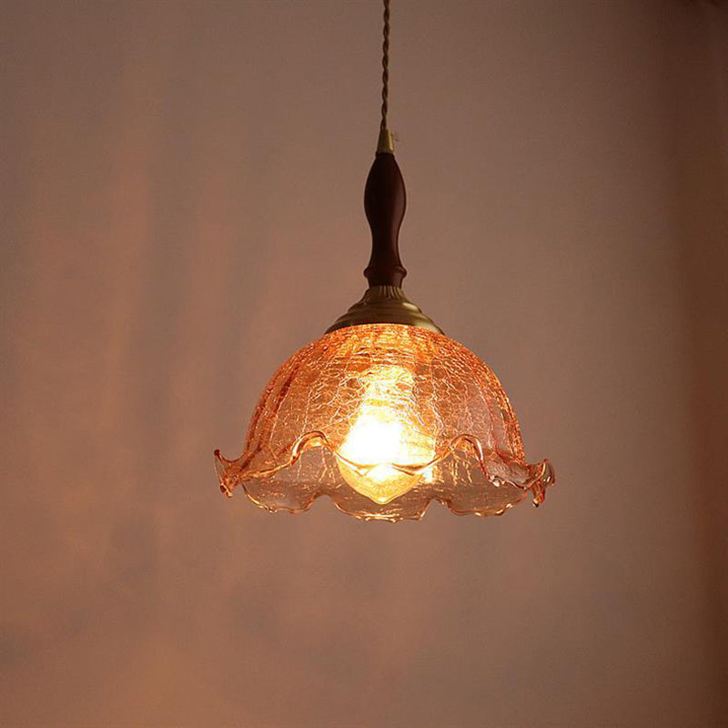 Traditional Vintage Brass Cracked Glass Flower Shade 1-Light Pendant Light For Dining Room