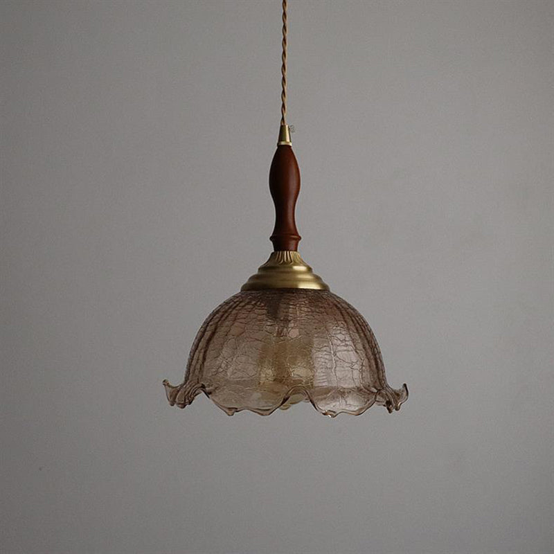 Traditional Vintage Brass Cracked Glass Flower Shade 1-Light Pendant Light For Dining Room