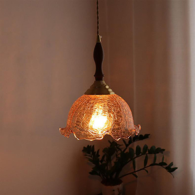 Traditional Vintage Brass Cracked Glass Flower Shade 1-Light Pendant Light For Dining Room