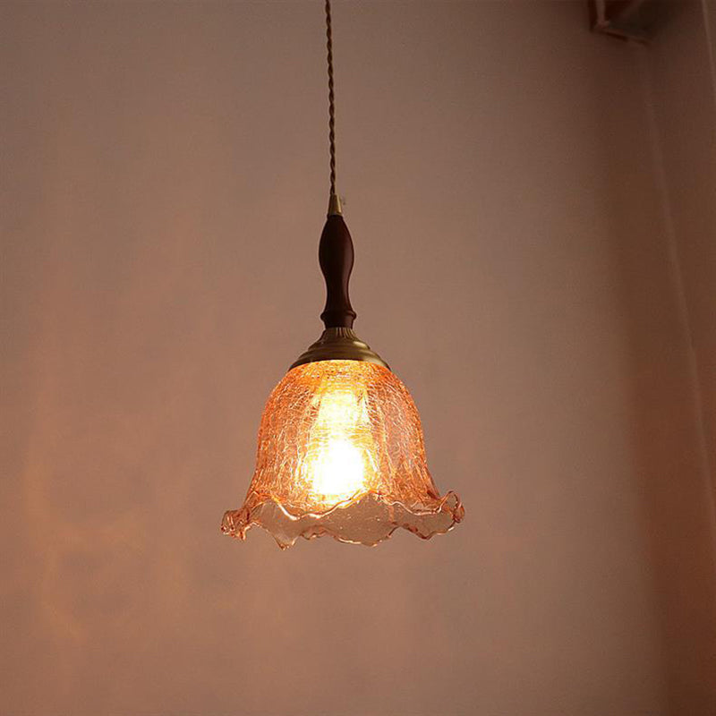 Traditional Vintage Brass Cracked Glass Flower Shade 1-Light Pendant Light For Dining Room