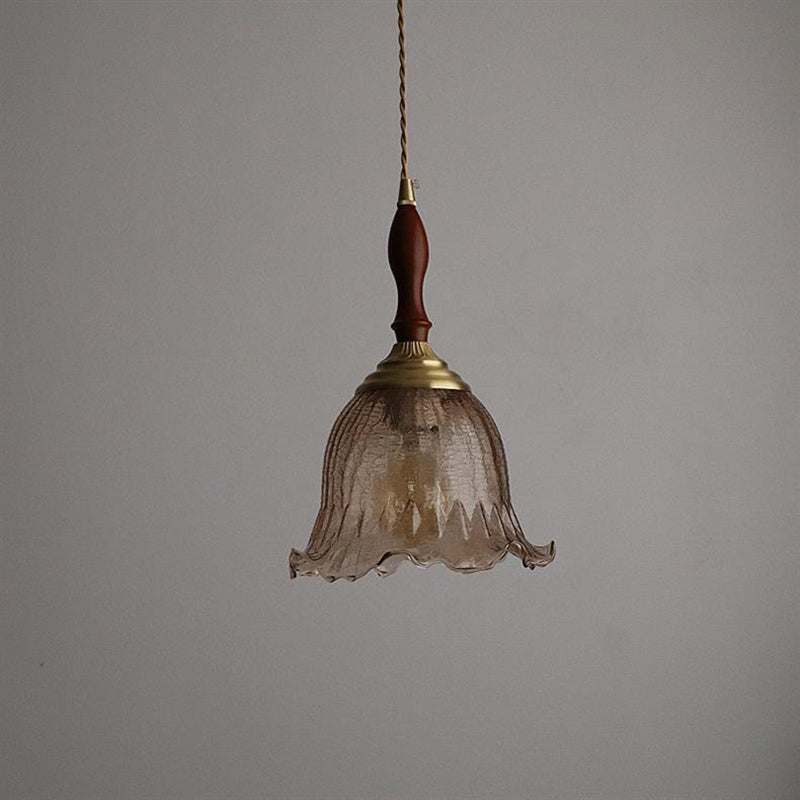 Traditional Vintage Brass Cracked Glass Flower Shade 1-Light Pendant Light For Dining Room