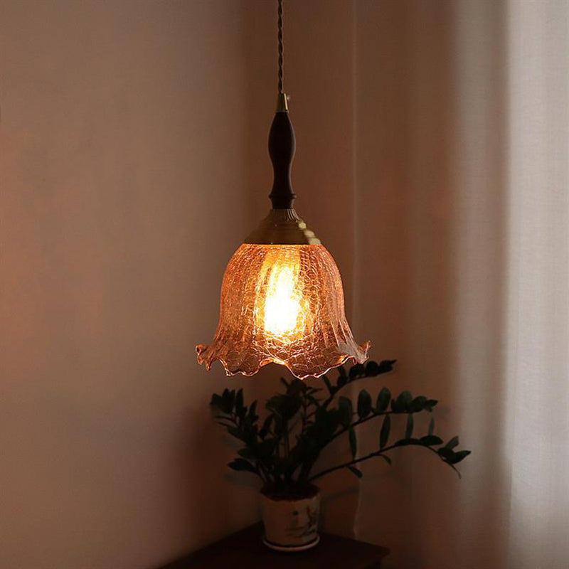Traditional Vintage Brass Cracked Glass Flower Shade 1-Light Pendant Light For Dining Room