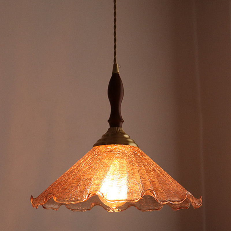 Traditional Vintage Brass Cracked Glass Flower Shade 1-Light Pendant Light For Dining Room