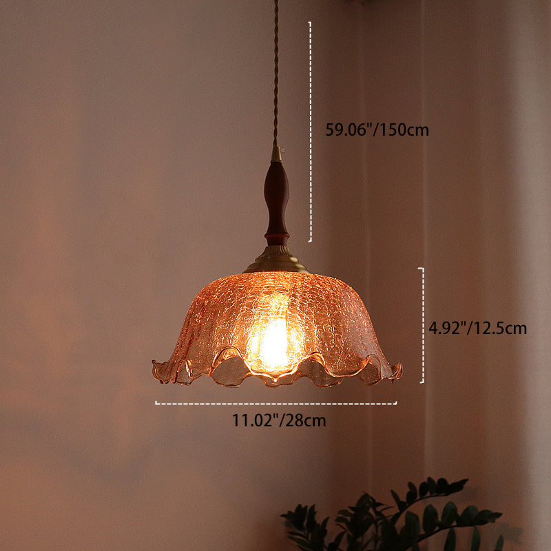 Traditional Vintage Brass Cracked Glass Flower Shade 1-Light Pendant Light For Dining Room
