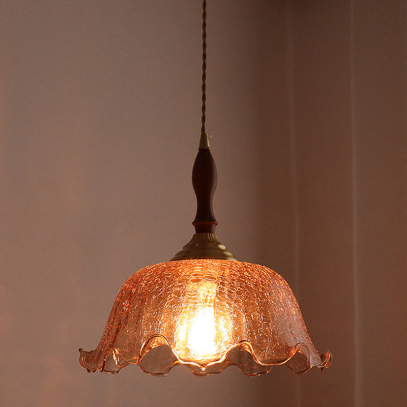 Traditional Vintage Brass Cracked Glass Flower Shade 1-Light Pendant Light For Dining Room