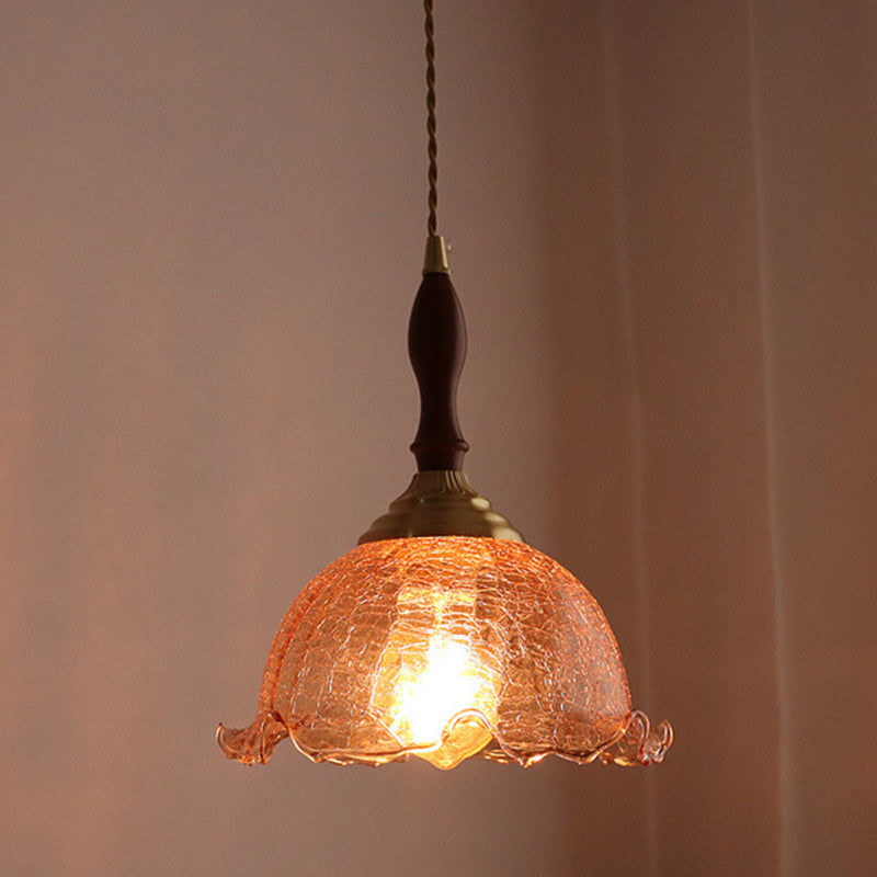 Traditional Vintage Brass Cracked Glass Flower Shade 1-Light Pendant Light For Dining Room