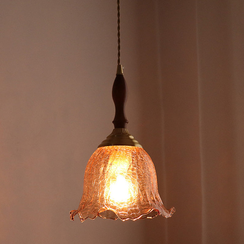 Traditional Vintage Brass Cracked Glass Flower Shade 1-Light Pendant Light For Dining Room