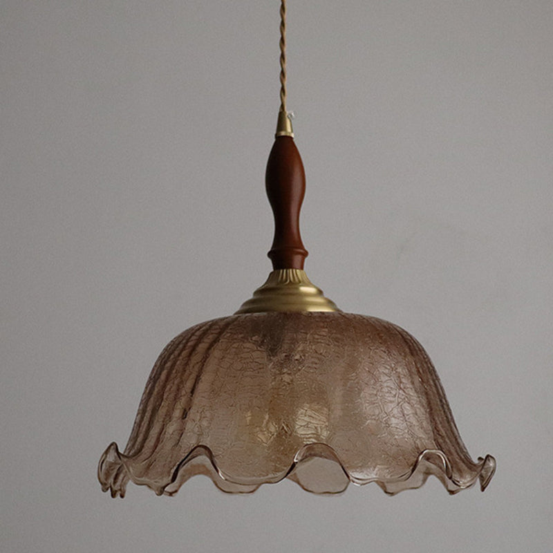 Traditional Vintage Brass Cracked Glass Flower Shade 1-Light Pendant Light For Dining Room
