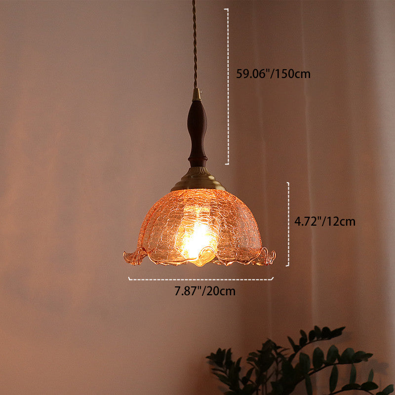 Traditional Vintage Brass Cracked Glass Flower Shade 1-Light Pendant Light For Dining Room