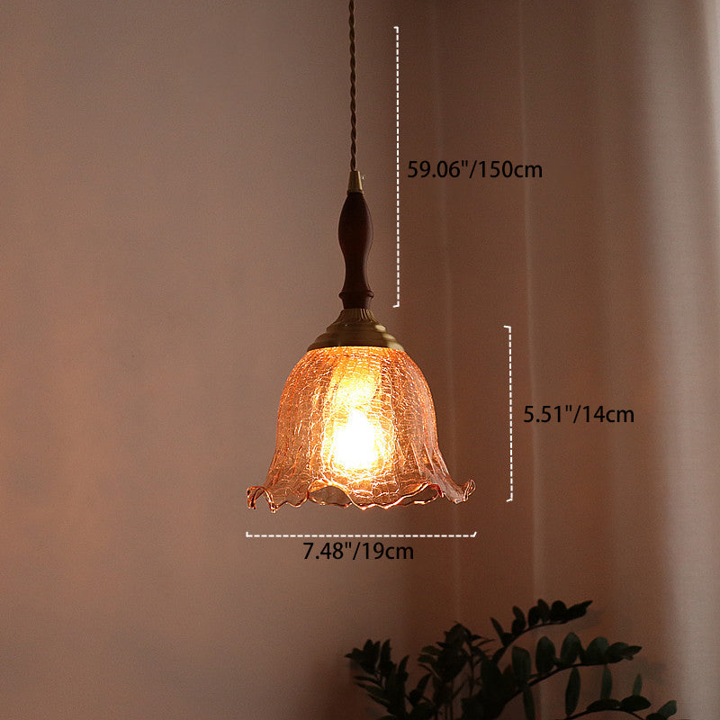 Traditional Vintage Brass Cracked Glass Flower Shade 1-Light Pendant Light For Dining Room