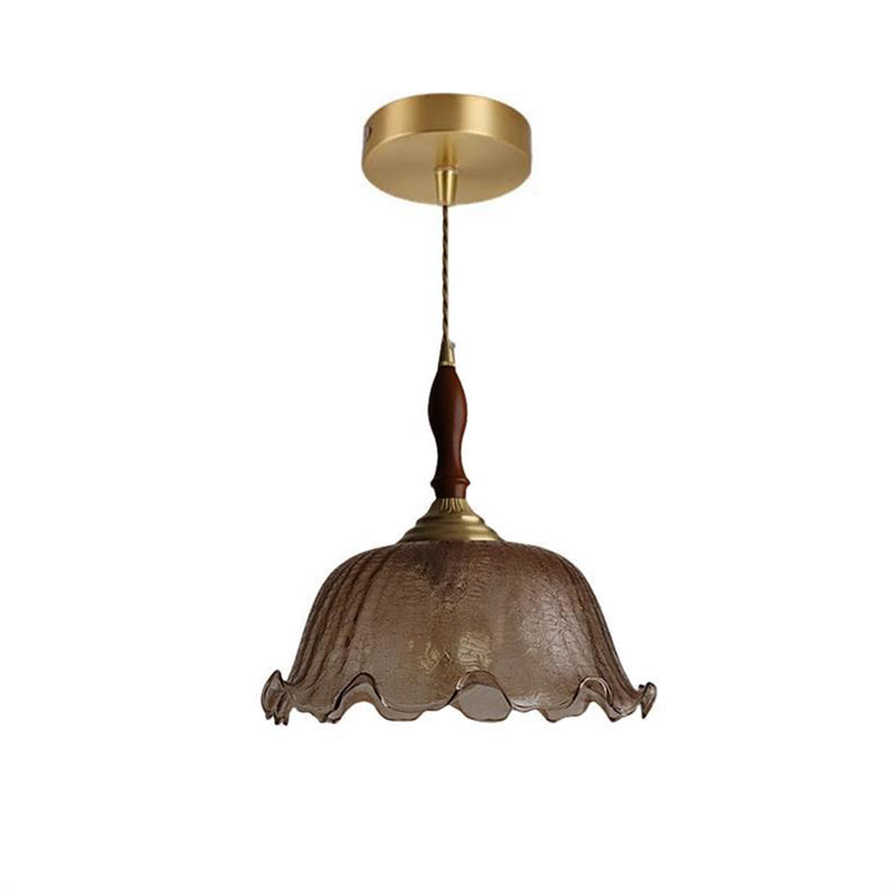 Traditional Vintage Brass Cracked Glass Flower Shade 1-Light Pendant Light For Dining Room