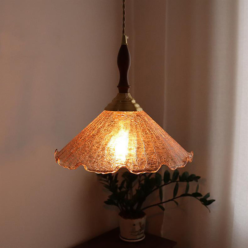 Traditional Vintage Brass Cracked Glass Flower Shade 1-Light Pendant Light For Dining Room