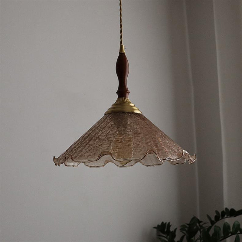 Traditional Vintage Brass Cracked Glass Flower Shade 1-Light Pendant Light For Dining Room