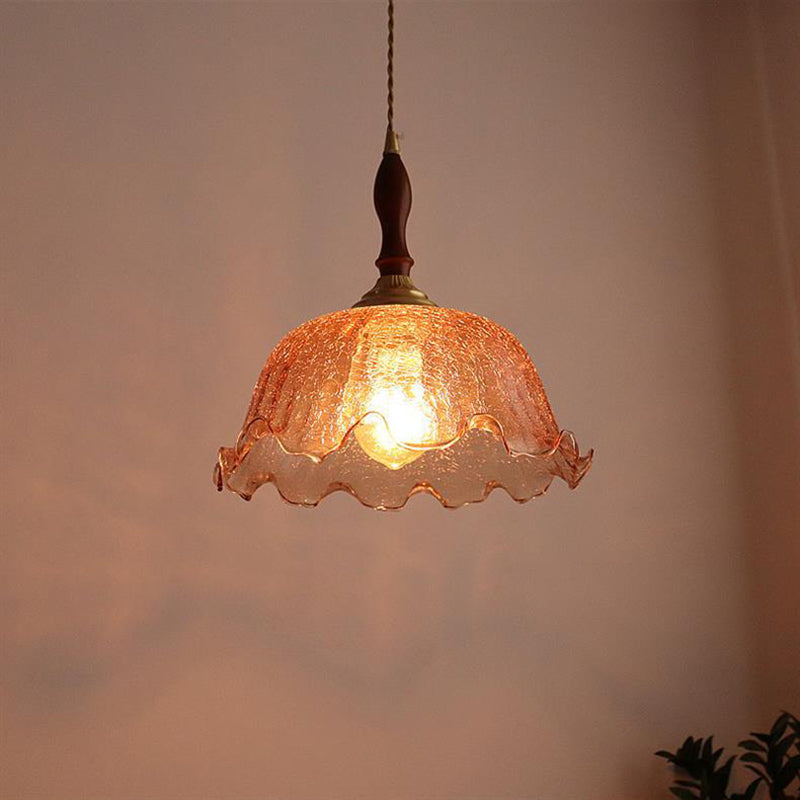 Traditional Vintage Brass Cracked Glass Flower Shade 1-Light Pendant Light For Dining Room