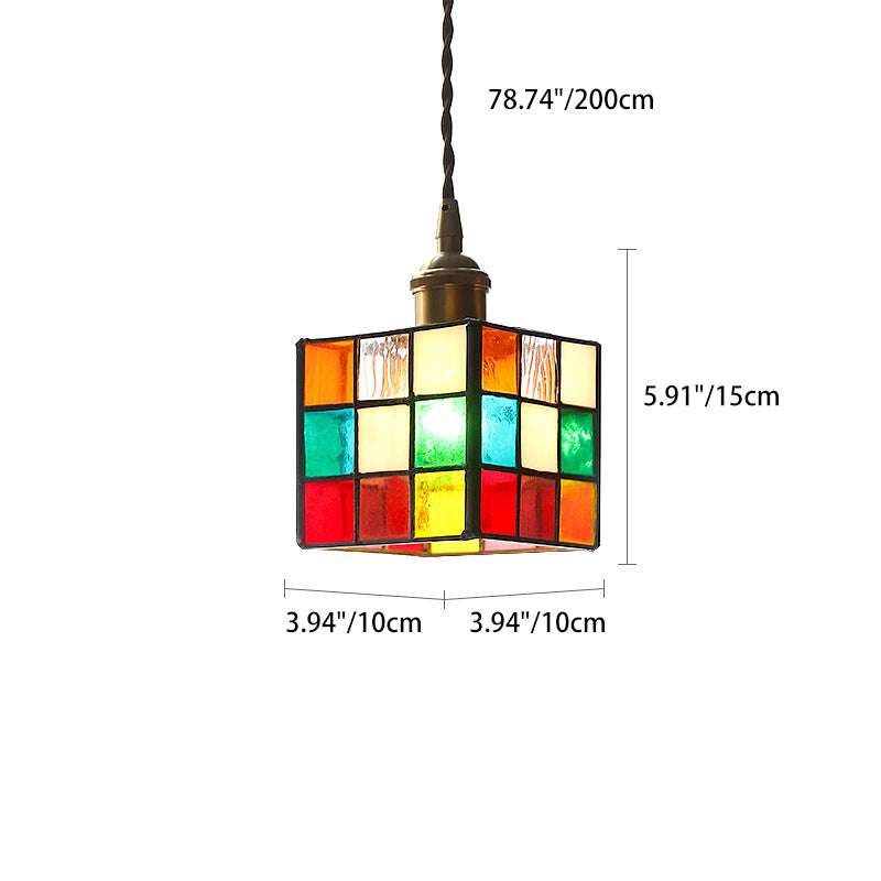 Traditional Tiffany Stained Glass Triangle Rubik's Cube Brass 1-Light Pendant Light For Dining Room