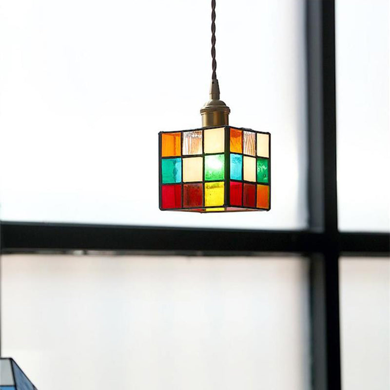 Traditional Tiffany Stained Glass Triangle Rubik's Cube Brass 1-Light Pendant Light For Dining Room
