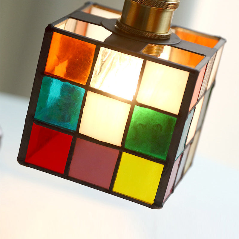Traditional Tiffany Stained Glass Triangle Rubik's Cube Brass 1-Light Pendant Light For Dining Room