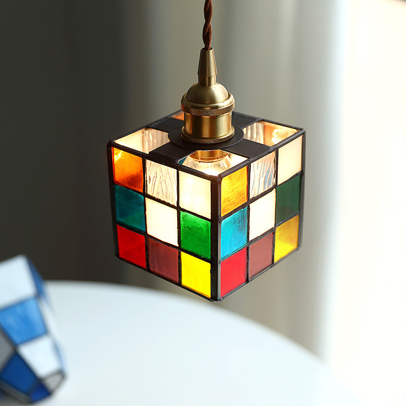 Traditional Tiffany Stained Glass Triangle Rubik's Cube Brass 1-Light Pendant Light For Dining Room