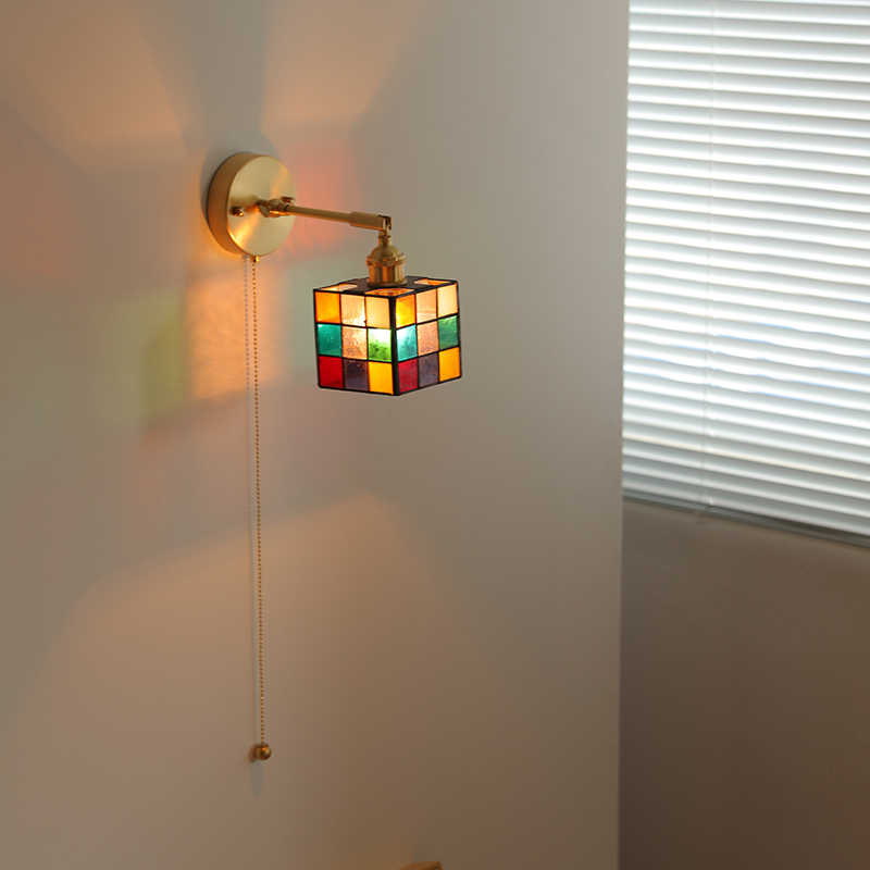 Traditional Tiffany Stained Glass Rubik's Cube Brass 1-Light Wall Sconce Lamp For Dining Room